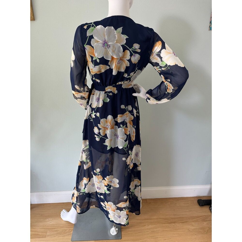 Dress Forum Floral Wrap Maxi Dress Navy Blue Sheer Long Sleeve Chiffon size S - Picture 2 of 9